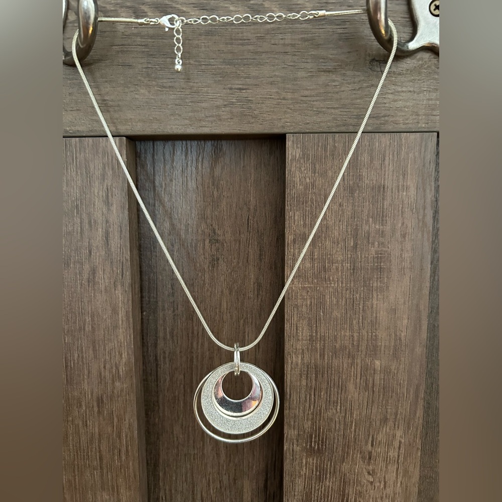 Silver Triple Circle Pendant Necklace Statement Necklace Glitter Shimmer Sparkle